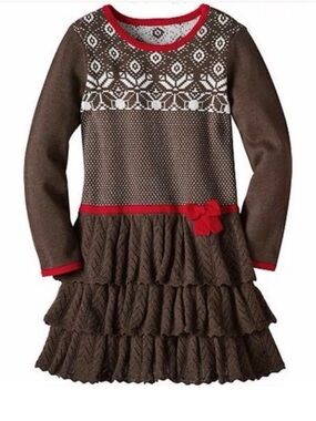 Hanna Andersson Holiday Fair Isle Sweater Dress Brown Tiered Cotton Sz 110 US 5